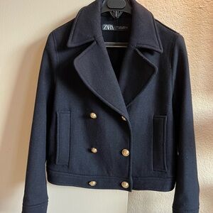 Zara Double-Breasted Black Peacoat with Gold Accents